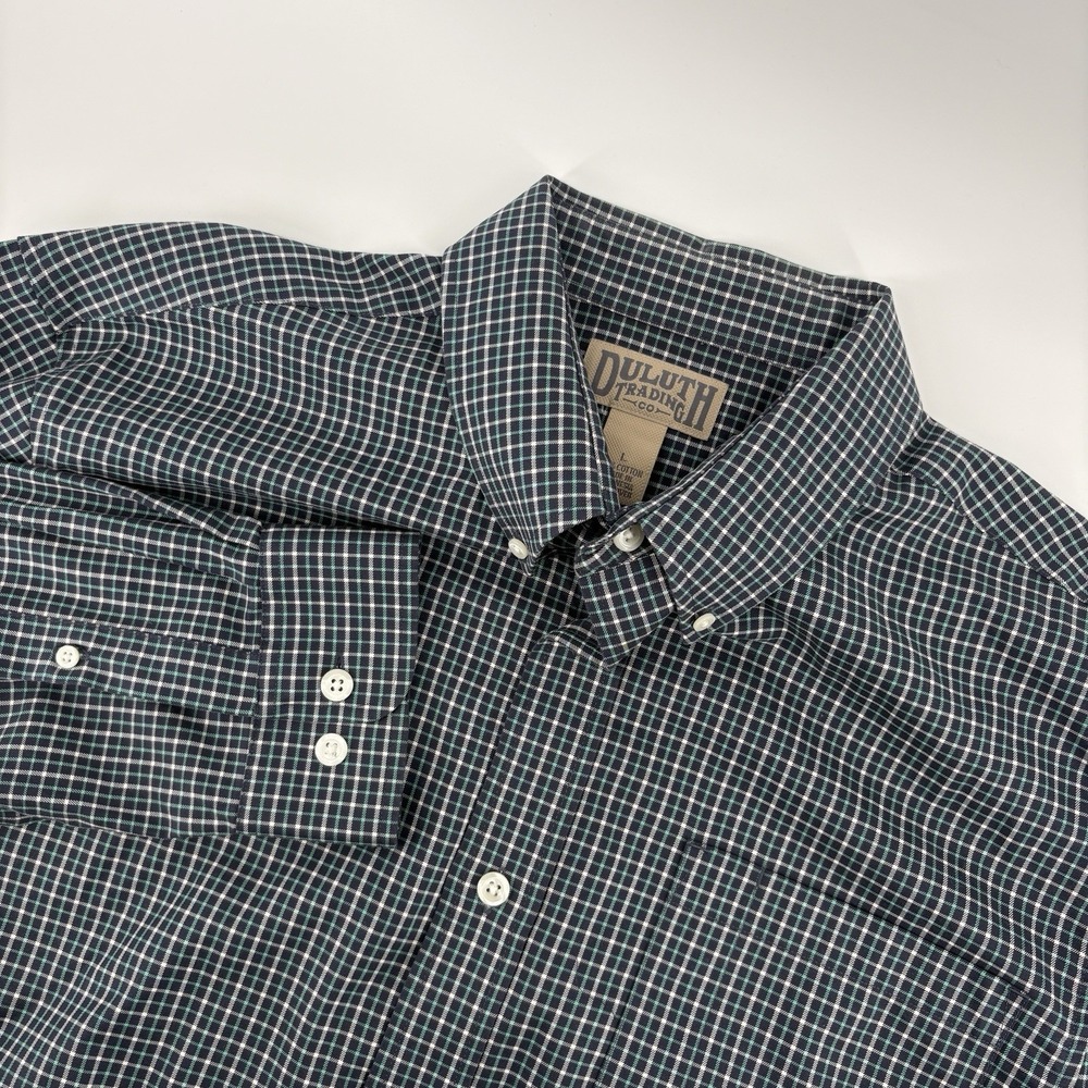 Duluth Trading Co Button Up Dress Shirt Men's L Dark Teal Blue Check Long Sleeve - Picture 1 of 10